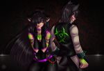  absurd_res anthro ariveil black_body black_fur black_hair breasts brother brother_and_sister brown_body brown_fur canid canine clothed clothing duo ear_piercing ear_ring female fluffy fluffy_tail fur hair hi_res male mammal open_mouth open_smile piercing purple_eyes red_eyes sibling simple_background sister smile tattoo 