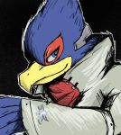  2015 anthro avian beak bird blue_body blue_eyes blue_feathers clothing falco_lombardi feathers fingers looking_aside male nintendo nintendo-jr red_body red_feathers smile solo star_fox tuft video_games 