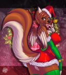  anthro ariveil bell big_breasts blue_eyes breasts brown_body brown_fur brown_hair butt candy canid canine canis christmas clothed clothing collar detailed_background fangs female fluffy fluffy_tail food fur genitals hair hat headgear headwear hi_res holding_food holding_object holidays licking mammal multicolored_body multicolored_fur nipple_outline open_mouth partially_clothed pussy santa_hat solo tongue tongue_out white_body white_fur wings wolf 
