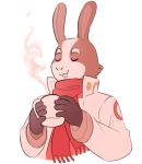  2019 anthro beverage brown_body brown_fur buckteeth clothing cup eyebrows eyes_closed fingers fruitcombo fur gloves handwear hi_res holding_object hot_chocolate lagomorph leporid long_ears male mammal nintendo old peppy_hare rabbit scarf solo star_fox teeth video_games white_body white_fur 
