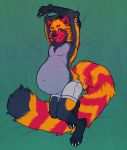  ailurid anthro belly blue_belly bottomwear clothed clothing fluffy fluffy_tail fur green_eyes inflation long_tail looking_at_viewer lying male mammal on_back on_side orange_body orange_fur pinup pose red_body red_fur red_panda shorts smile solo the-narutoshi topless 