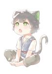 +_+ 1boy 3491341507 absurdres animal_ears barefoot black_hair black_pants blush cat_boy cat_ears cat_tail eyebrows_visible_through_hair fang green_eyes highres luoxiaohei open_mouth pants short_eyebrows short_hair short_sleeves simple_background solo tail the_legend_of_luo_xiaohei white_background 