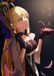  1girl absurdres artoria_pendragon_(all) artoria_pendragon_(caster) black_dress blonde_hair blue_bow blush boo_iro bow breasts dress eyebrows_visible_through_hair fate/grand_order fate_(series) flower green_eyes hair_bow highres holding holding_flower holding_staff long_hair medium_breasts petals solo staff white_sleeves 