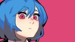  1girl blue_hair borrowed_character closed_mouth commentary english_commentary gogalking highres looking_at_viewer original pink_background pink_eyes portrait short_hair simple_background skye_(hcnone) solo 