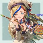 1girl absurdres bangs beret blonde_hair blue_hair commandant_teste_(kantai_collection) commentary_request dated double-breasted grey_background hat highres jacket kantai_collection long_hair looking_at_viewer mitsu_plus multicolored multicolored_clothes multicolored_hair multicolored_scarf one_eye_closed paintbrush palette red_hair scarf solo streaked_hair swept_bangs twitter_username two-tone_background wavy_hair white_hair white_jacket 