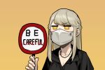  1girl black_shirt blonde_hair braid coronavirus_pandemic covered_mouth english_text french_braid gogalking highres holding holding_sign jewelry jitome junior_(gogalking) mask mouth_mask necklace orange_eyes original shirt sign simple_background solo surgical_mask v-shaped_eyebrows yellow_background 