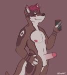  anthro balls canid canine erection genitals hand_on_hip hi_res humanoid_genitalia humanoid_penis looking_at_viewer male mammal nipples penis phone snaftfc solo 
