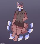  anthro asian_mythology bottomwear canid canine claws clothing east_asian_mythology fox fox_spirit fur hi_res looking_away male mammal multi_tail multicolored_body multicolored_fur mythology paws plantigrade shorts snaftfc solo sweater topwear 