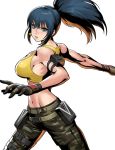  bangs blue_eyes blue_hair breasts camouflage camouflage_pants earrings gloves jewelry leona_heidern looking_at_viewer metal_slug metal_slug_attack midriff muscle muscular_female official_art pants ponytail pouch senno_aki sideboob tank_top the_king_of_fighters the_king_of_fighters_xiv toned triangle_earrings twisted_torso yellow_tank_top 