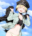  1girl agahari black_jacket blonde_hair blue_sky closed_eyes cloud commentary_request dutch_angle erica_hartmann hat highres jacket jacket_removed long_sleeves military_hat multicolored_hair navel open_clothes open_mouth open_shirt panties peaked_cap short_hair sky solo strike_witches tail two-tone_hair underwear world_witches_series yellow_panties 