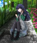  1girl bangs black_hair blue_hair first_high_school_uniform flower highres long_hair looking_at_viewer mahouka_koukou_no_rettousei nihility school_uniform shiba_miyuki sitting solo 