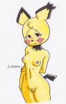  2020 anthro anthrofied areola baby_pok&eacute;mon biped blush breasts butt female fingers fur genitals hair hi_res looking_at_viewer loshon mammal marker_(artwork) navel nintendo nipples nude pichu pok&eacute;mon pok&eacute;mon_(species) pubes pussy rodent simple_background small_breasts small_waist solo traditional_media_(artwork) video_games yellow_body 