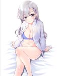  1girl bangs blue_bra blue_eyes bra braid breasts cleavage commentary_request earrings grey_hair highres hisakawa_hayate idolmaster idolmaster_cinderella_girls jewelry kaishinshi large_breasts long_hair long_sleeves looking_at_viewer navel no_pants on_bed open_clothes open_shirt shirt sitting skindentation solo underwear white_background white_shirt 