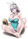  1girl :o alternate_hairstyle anastasia_(fate) animal_ears bangs bare_legs bare_shoulders barefoot blue_eyes blush bow bowtie breasts bunny_ears cleavage detached_collar doll eyebrows_visible_through_hair eyes_visible_through_hair fake_animal_ears fate/grand_order fate_(series) full_body green_neckwear grey_hair hair_between_breasts hair_over_one_eye highleg highleg_leotard knees_up large_breasts leotard long_hair looking_at_viewer playboy_bunny shadow sitting soba_(saz) solo spread_legs strapless strapless_leotard white_background wrist_cuffs 
