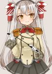  1girl amatsukaze_(kantai_collection) buttons cocoperino commentary_request cosplay cowboy_shot epaulettes frilled_sleeves frills gloves grey_background grey_skirt hair_tubes highres jacket kantai_collection kashima_(kantai_collection) kashima_(kantai_collection)_(cosplay) long_hair long_sleeves looking_at_viewer military military_jacket military_uniform neckerchief pleated_skirt red_neckwear riding_crop silver_hair simple_background skirt smile smokestack_hair_ornament solo two_side_up uniform white_gloves white_jacket windsock yellow_eyes 