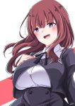  1girl absurdres ash_(shikkoku_no_tsubasa) assault_lily blue_eyes blush breasts brown_hair character_request hand_on_own_chest highres large_breasts long_hair looking_at_viewer open_mouth smile solo upper_body 