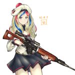  1girl aqua_eyes bangs belt beret blonde_hair blue_hair commandant_teste_(kantai_collection) cowboy_shot dated double-breasted dress gun hat highres holding holding_weapon initial jacket kantai_collection ld long_hair multicolored_hair pom_pom_(clothes) red_hair rifle scarf streaked_hair swept_bangs wavy_hair weapon white_background 