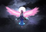  1girl blue_kimono braid braided_ponytail breasts closed_mouth floating full_body japanese_clothes kimono large_breasts moon moonlight night night_sky pink_eyes pink_hair pink_wings sky solo stefv tate_no_yuusha_no_nariagari therese_alexanderite torn_clothes wings 