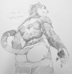 2019 anthro back_muscles black_and_white bottomwear butt clenched_teeth clothed clothing degradation dialogue english_text erebonbon felid hotpants jockstrap looking_at_viewer looking_down low-angle_view male mammal monochrome muscular muscular_anthro muscular_male pantherine pants_down partially_clothed profanity requiel_(erebonbon) shorts simple_background sketch snarling solid_color_background solo talking_to_viewer teeth text tiger traditional_media_(artwork) underwear white_background 