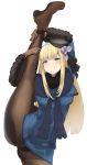  1girl absurdres arms_up ass bangs black_headwear black_scarf blonde_hair blue_coat blue_jacket blue_scarf blush breasts brown_footwear brown_gloves closed_mouth coat commentary_request eyebrows_visible_through_hair fate/grand_order fate_(series) fur-trimmed_sleeves fur_scarf fur_trim gloves green_eyes hat highres jacket leg_hold leg_up long_hair long_sleeves oyamaru panties panties_under_pantyhose pantyhose reines_el-melloi_archisorte scarf simple_background smile solo split standing standing_on_one_leg standing_split thighs underwear white_background 