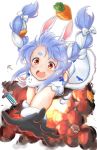 1girl animal_ear_fluff animal_ears bangs blue_hair blush braid breasts bunny bunny_ears carrot_hair_ornament coat creature don-chan_(usada_pekora) explosion food_themed_hair_ornament gloves hair_ornament highres hololive hololive_fantasy long_hair looking_at_viewer minecraft multicolored_hair open_mouth rabbit_girl riroi scarf solo thick_eyebrows tnt twin_braids two-tone_hair usada_pekora virtual_youtuber white_coat white_hair 