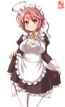  1girl ahoge alternate_costume apron artist_logo black_dress breasts commentary_request cowboy_shot dated dress enmaided frilled_apron frilled_dress frills hair_ornament highres i-58_(kantai_collection) kanon_(kurogane_knights) kantai_collection maid maid_headdress medium_breasts pink_hair red_eyes short_hair simple_background skirt_hold solo standing thighhighs white_apron white_background white_legwear yellow_neckwear 