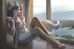  2020 anthro areola blue_hair bottomless breasts canid canine canis clothed clothing day detailed_background digital_media_(artwork) domestic_dog female hair husky inside legwear mammal medium_breasts nipples nordic_sled_dog open_clothing open_shirt open_topwear shirt solo spitz thigh_highs topwear www 