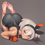  1girl ass back barefoot bea_(pokemon) blue_eyes bodysuit commentary_request dark_skin gloves grey_hair hair_between_eyes hairband highres looking_at_viewer minazuki_juuzou pokemon pokemon_(game) pokemon_swsh short_hair skin_tight smlltb solo top-down_bottom-up 