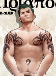  1boy absurdres arm_tattoo bara beige_background chest_tattoo completely_nude copyright_name cover cover_page covering covering_crotch cowboy_shot facial_hair facial_tattoo greek_text green_eyes green_hair highres itto_(mentaiko) looking_at_viewer male_focus male_pubic_hair manly muscle navel_hair nude priapus priapus_(gyee) pubic_hair smirk solo stomach_tattoo stubble tarou_a._priapus_(priapus) tattoo toned toned_male 