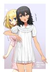  2girls andou_(girls_und_panzer) black_eyes black_hair blonde_hair blue_eyes breasts girls_und_panzer gradient gradient_background medium_breasts multiple_girls open_mouth oshida_(girls_und_panzer) sleepwear small_breasts tan3charge v-shaped_eyebrows 