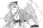  1girl all_fours animal_hat ash_arms b-kyuu_ocha bangs baseball_cap belt breasts bubble_blowing cat_hat chewing_gum cleavage commentary cropped_jacket dutch_angle fingerless_gloves gloves greyscale half-closed_eyes halftone hat jacket jewelry long_sleeves looking_at_viewer m18_hellcat_(ash_arms) mecha_musume medium_breasts monochrome necklace open_clothes open_jacket rigging short_hair short_shorts shorts skindentation solo star_(symbol) star_necklace thighhighs 