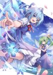  2girls :d absurdres ascot blue_bow blue_dress blue_eyes blue_hair blush bow cirno closed_mouth cloud commentary daiyousei day dress dutch_angle fang feet_out_of_frame flower green_eyes green_hair hair_bow hair_ribbon highres holding holding_flower ice ice_wings kure~pu multiple_girls open_mouth petals petticoat puffy_short_sleeves puffy_sleeves red_neckwear red_ribbon ribbon short_hair short_sleeves side_ponytail sky smile snowflakes touhou v-shaped_eyebrows wings yellow_neckwear yellow_ribbon 
