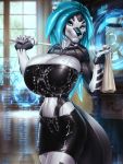  2018 3:4 5_fingers android anthro big_breasts blue_eyes blue_nose bodily_fluids bottomwear breasts clothed clothing cum cum_on_clothing detailed_background digital_media_(artwork) female fingers genital_fluids hi_res huge_breasts machine mr._mist robot skirt solo standing tight_skirt 