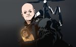 2boys baby bald bb-28 black_coat closed_mouth coat death_stranding gogalking gradient gradient_background grey_background highres holding long_sleeves looking_at_viewer multiple_boys odradek parody personality_switch sam_porter_bridges 