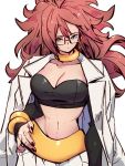  1girl android_21 black_nails blue_eyes breasts choker cleavage closed_mouth collarbone cosplay dragon_ball dragon_ball_fighterz earrings fingernails glasses hoop_earrings jewelry kemachiku labcoat long_hair looking_at_viewer majin_android_21 majin_android_21_(cosplay) medium_breasts midriff nail nail_polish navel open_clothes red_hair solo yellow_choker 