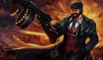  1boy alternate_costume beard black_coat black_gloves black_headwear black_neckwear cigar coat explosion facial_hair gloves gun hand_in_pocket hat holding holding_gun holding_weapon holster league_of_legends looking_at_viewer mafia_graves malcolm_graves male_focus necktie red_vest smoke solo teeth_hold vest weapon wugedou 