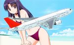  1girl absurdres aircraft airplane bangs bare_shoulders beach blue_sky blurry blurry_background bow bow_panties bra breasts choker cleavage closed_mouth cloud collarbone hands_on_own_thighs highres leaning_forward long_hair looking_at_viewer medium_breasts navel ocean original outdoors panties parted_bangs purple_bow purple_bra purple_eyes purple_hair purple_panties ribbon sand shiny shiny_hair sky solo standing tree underwear underwear_only yamauchi_noriyasu 