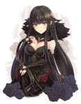  1girl black_dress black_flower black_gloves black_hair black_rose breasts bridal_gauntlets brown_eyes cleavage commentary_request dress elbow_gloves fate/grand_order fate_(series) flower fur_trim gloves large_breasts long_hair looking_at_viewer niboshin_(usagi_drive) pointy_ears rose semiramis_(fate) smile solo upper_body very_long_hair 