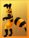  2020 abstract_background antennae_(anatomy) anthro arthropod bee black_body black_eyes butt claws digitigrade fluffy fur gradient_background hi_res hymenopteran insect male nude orange_body paws pink_paws signature simple_background smile solo spikes standing wide_hips wolfarion 
