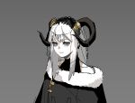  1girl blue_eyes closed_mouth curled_horns gogalking grey_background highres horn_ornament horn_ring horns looking_at_viewer original sheep_girl_(gogalking) sheep_horns simple_background sketch smile solo upper_body 