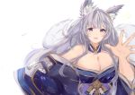  1girl animal_ear_fluff animal_ears azur_lane bare_shoulders blue_collar blue_kimono breasts collar fox_ears fox_girl huge_breasts japanese_clothes kimono kitsune kyuubi large_tail long_hair looking_at_viewer multiple_tails off-shoulder_kimono off_shoulder purple_eyes shika_(shika0) shinano_(azur_lane) silver_hair simple_background tail very_long_hair white_background white_tail wide_sleeves 
