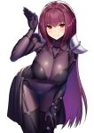  1girl armor bangs blush bodysuit breasts cleavage commentary_request fate/grand_order fate_(series) impossible_bodysuit impossible_clothes large_breasts leaning_forward long_hair looking_at_viewer muunyan_(yumenekoya) pauldrons purple_bodysuit purple_hair red_eyes scathach_(fate)_(all) scathach_(fate/grand_order) shoulder_armor sidelocks simple_background skirt smile solo white_background 