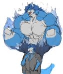  2020 absurd_res alternate_form anthro big_muscles blue_hair bottomwear canid canine canis clothing colored_sketch fire hair hi_res huge_muscles hyper hyper_muscles male mammal mark_(marvolk) marvolk muscular muscular_anthro muscular_male necktie open_mouth pants simple_background sketch solo suit white_background wolf 