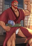  1boy architecture bara beard chest east_asian_architecture facial_hair fan fate/grand_order fate/zero fate_(series) feet_out_of_frame flexing fundoshi highres iskandar_(fate) japanese_clothes kimono loincloth male_focus male_pubic_hair muscle oirusupu open_clothes open_kimono open_mouth paper_fan pose pubic_hair red_eyes red_hair red_kimono short_hair solo thick_eyebrows thick_thighs thighs wooden_floor 
