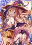  1girl akkijin alchemist_(shinkai_no_valkyrie) armpits ass back balloon bare_shoulders bat_wings blonde_hair blue_eyes bottle breasts candy card_(medium) demon_tail elbow_gloves food full_moon garters gloves hair_ornament hair_ribbon halloween halloween_costume hat hat_ribbon jack-o&#039;-lantern looking_at_viewer medium_breasts medium_hair moon night night_sky official_art open_mouth pumpkin purple_gloves red_ribbon ribbon shinkai_no_valkyrie sky spider_web_print tail thighhighs thong twintails wings witch witch_hat 
