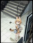  1girl animal_ears bangs bare_legs bare_shoulders barefoot bow bowtie commentary_request elbow_gloves extra_ears eyebrows_visible_through_hair finger_to_mouth from_above full_body gloves hair_between_eyes high-waist_skirt holding holding_stuffed_toy i_love_serval kemono_friends looking_to_the_side medium_hair oekaki orange_hair print_bow print_gloves print_skirt serval_(kemono_friends) serval_ears serval_print serval_tail shirt single_sock skirt socks solo stairs standing stuffed_animal stuffed_toy tail yellow_eyes 