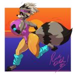  1:1 anthro big_breasts breasts clothed clothing female hi_res huge_breasts jogging mammal procyonid raccoon solo spiralingstaircase tight_clothing 