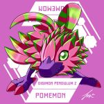  1:1 ambiguous_gender antennae_(anatomy) digimon digimon_(species) dragon dragon_fruit elemental_creature feathers feral flora_fauna food food_creature fruit green_eyes green_markings hi_res hudie_jun living_fruit markings pink_body pink_feathers plant pomemon purple_mouth solo 