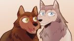  16:9 2020 blue_eyes canid canine canis cartoon_saloon duo fangs female female/female feral freckles fur green_eyes grey_body grey_fur looking_at_viewer mammal mebh_og_mactire paintedpaw red_body red_fur robyn_goodfellowe simple_background widescreen wolf wolfwalkers 