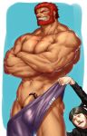  2boys abs absurdres bar_censor bara bare_chest beard boxers bulge censored chest cowboy_shot crossed_arms erection erection_under_clothes facial_hair fate/grand_order fate/zero fate_(series) highres iskandar_(fate) male_focus male_pubic_hair multiple_boys muscle navel penis penis_peek ponkotsu_(pixiv11249778) pubic_hair red_eyes red_hair short_hair simple_background testicles thick_thighs thighs underwear 